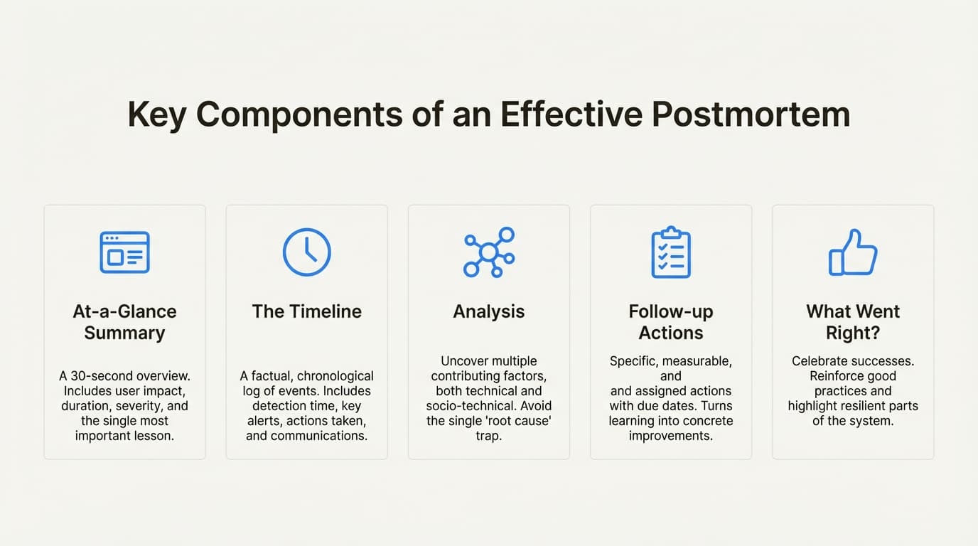 An infographic showing the five key components of the Docs Later Postmortem Pattern: summary, timeline, analysis, follow-up actions, and what went right.